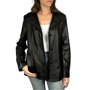 JONES NEW YORK BLACK LEATHER BUTTON DOWN A LINE STITCHED TRIM SWING JACKET